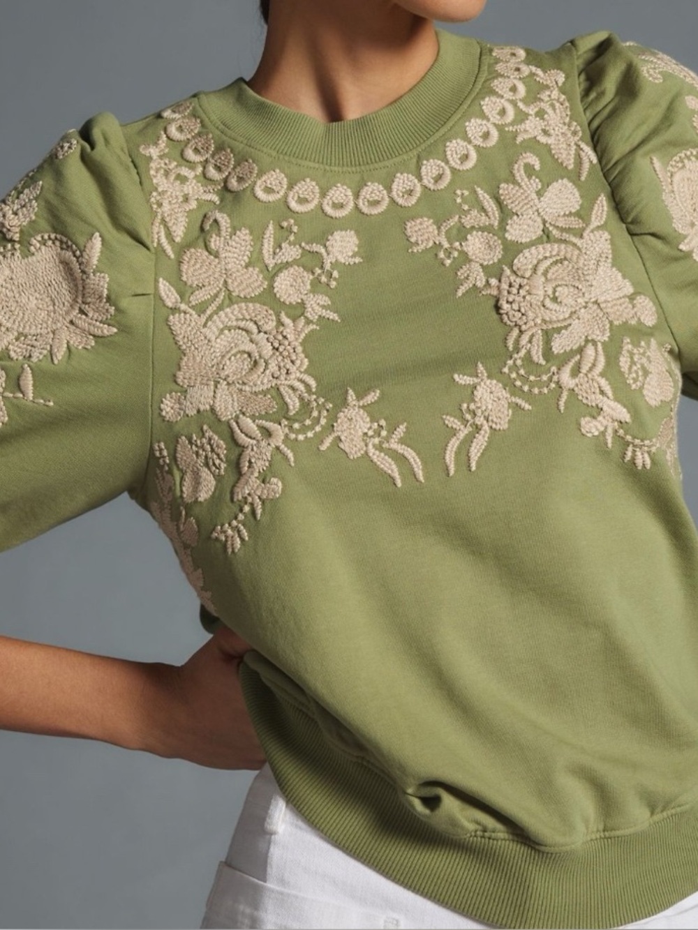 Anthropologie Olive Green Puff-Sleeve Embroidered Sweatshirt